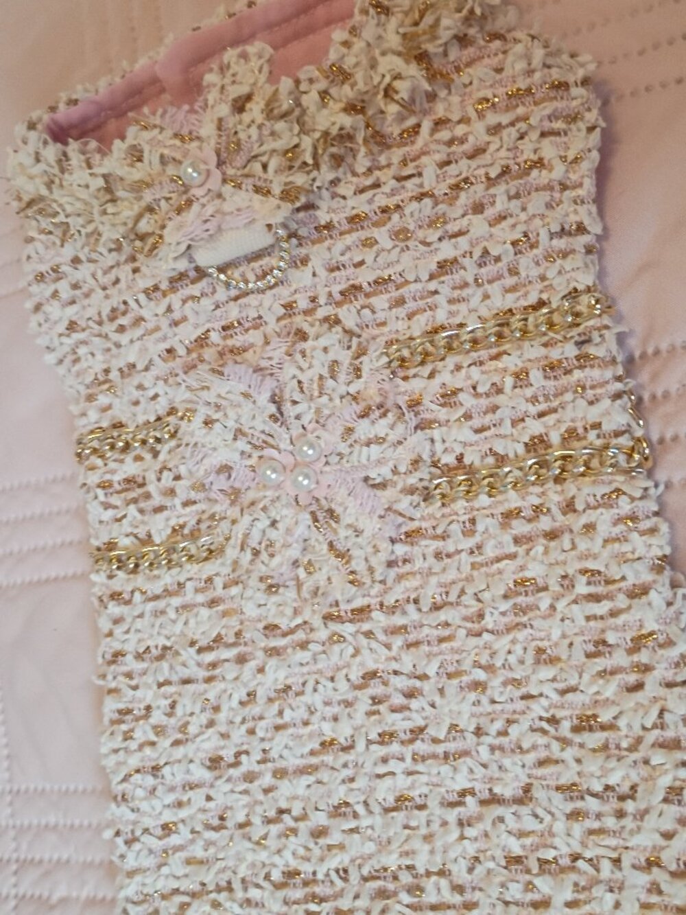 Luxury XS Tweed Dog Coat - Gorgeous  Pink, Cream with Gold Accents
